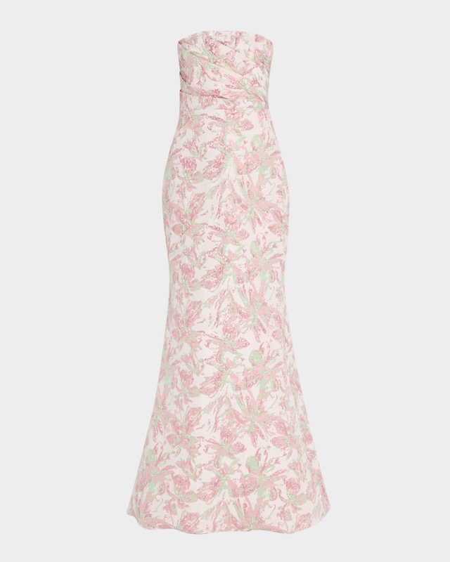Strapless Pleated Metallic Jacquard Gown
